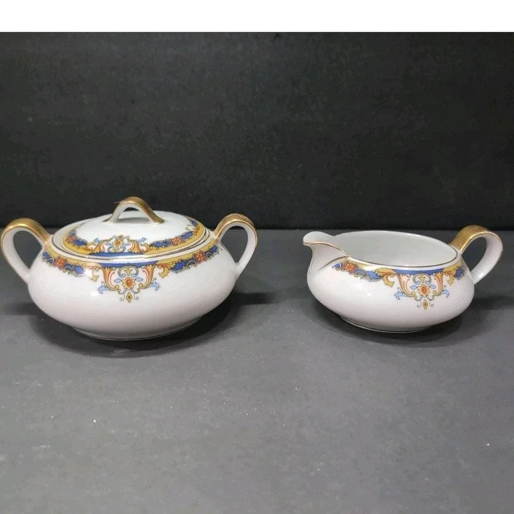 Epiag Elyrian Blue Gold Creamer & Lidded‎ Sugar Set, Czechoslovakian Tableware